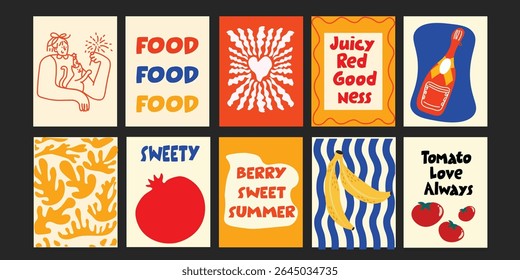 Adorable Trendy summer designs combining fun typography with delicious produce – strawberries, tomatoes, broccoli, and more – ideal for social media or poster templates.

