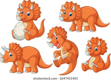 Adorable triceratops characters in various playful poses, vibrant colors, and cartoon style. Perfect for children's media and educational materials