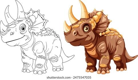 Adorable triceratops in color and outline versions