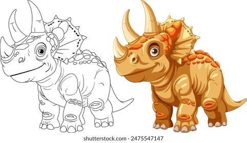 Adorable triceratops in color and outline versions