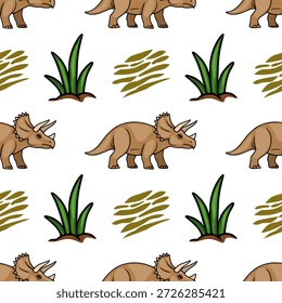 Adorable patrón de Vector de dinosaurio Triceratops con exuberante vegetación