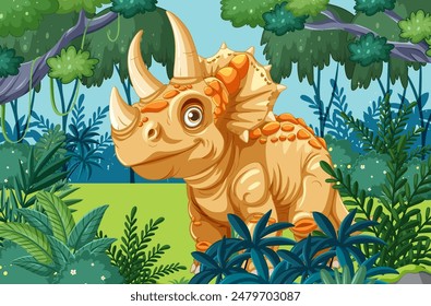 Adorable triceratops surrounded by dense jungle foliage