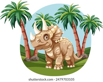 Adorable triceratops surrounded by palm trees