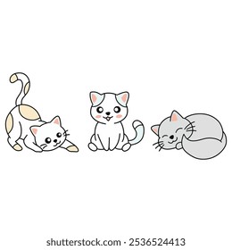 Adorável Trio de Gatos de Desenho Animado com Expressões Divertidas - Ilustração Digital