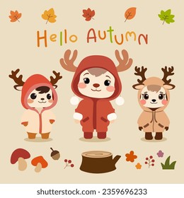 Adorable triple reindeers illustration for autumn season decoration, Thanksgiving Day.