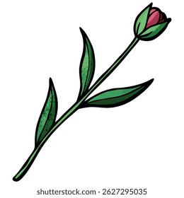 Ilustração adorável com botão de tulipa em um estilo de desenho animado divertido. Apresenta folhas verdes e um olhar texturizado único no fundo transparente.