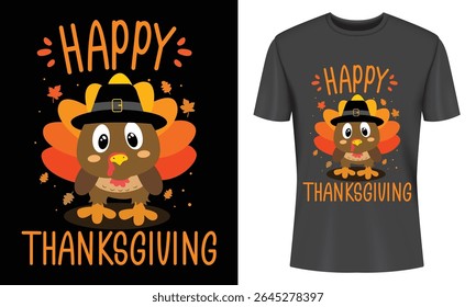Adorable turkey Thanksgiving design perfect for t-shirts mugs or seasonal merchandise. Features a cute cartoon turkey wearing a pilgrim hat surrounded by autumn leaves.