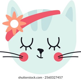 Adorable turquoise cat face with closed eyes, wearing a pink headband with an orange flower, showing whiskers and pink cheeks, perfect for children s designs