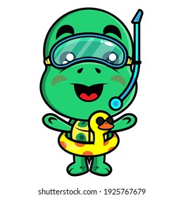 Adorable Turtle cartoon characters wearing snorkeling goggles and duck buoy, best for logo or mascot of swimwear shop for children