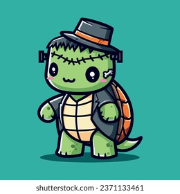 Adorable Turtle Cartoon Dressed as Frankenstein in Halloween Celebration