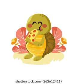 Adorable turtle character happily eating a slice of pizza, surrounded by green plants. Fun and playful animal mascot illustration for kids and designs
