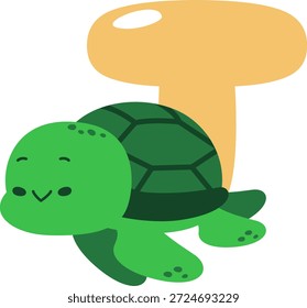 Adorable ilustración de tortuga con una Grande letra T en el fondo