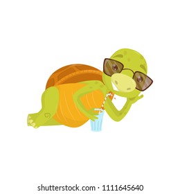 Adorable turtle in sunglasses lying. Funny green reptile relaxing and drinking refreshing beverage. Flat vector for postcard or sticker