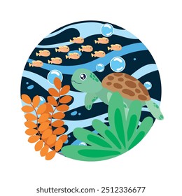 Adorable turtle swimming with fish in colorful ocean scene Vector illustration