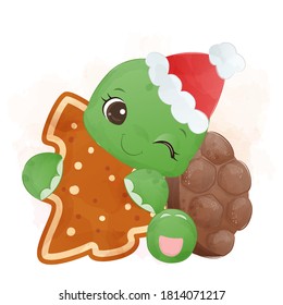 Adorable turtle in winter season hugging a ginger bread. Christmas illustration.