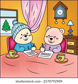 Adorable two bears writing clipart for kids' projects, stationery, books, scrapbooking, invitations, and more. Perfect for creative designs, fun illustrations, and educational materials.