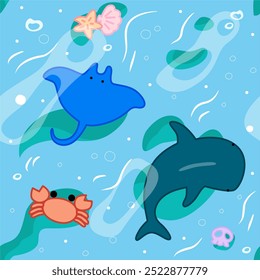a adorable underwater file of stingray, crab and shark seamless background design