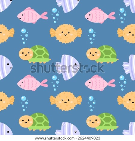 Adorable underwater pattern featuring sea urchins, shells, and marine life in soft colors. Seamless vector background ideal for summer wrapping paper and childrens clothing
