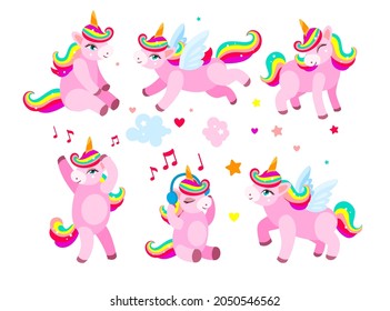 Adorable unicorn cartoon character vector illustrations set. Drawings of magical horse with rainbow hair isolated on white background. Magic, fantasy concept for birthday card design for girls or kids