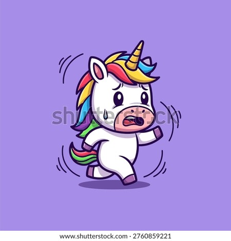 An adorable unicorn character with a rainbow mane and tail, looking frightened and running, isolated on a solid background.