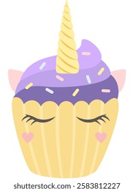 Adorable unicorn cupcake decorated with purple frosting, sprinkles, a golden horn, pink ears, closed eyes and hearts, creating a whimsical and magical treat