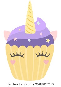 Adorable unicorn cupcake with purple frosting, stars, a golden horn and closed eyes with long eyelashes is winking, creating a whimsical and magical treat