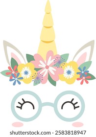 Adorable unicorn face with closed eyes, wearing round glasses and a colorful flower crown, perfect for children s designs and magical themes