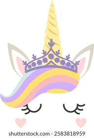 Adorable unicorn face with closed eyes, rainbow hair, golden horn and purple crown sleeping peacefully with two hearts on each side, ideal for children s designs