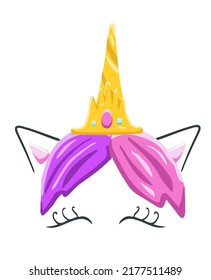 Adorable unicorn face with crown on the head