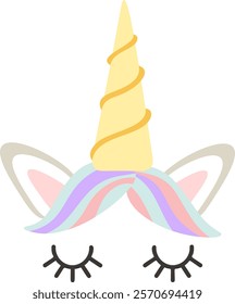 Adorable unicorn face featuring closed eyes, a pastel colored mane flowing gracefully, pointed ears perked up, and a spiraled horn, creating a sweet, dreamy design full of whimsy