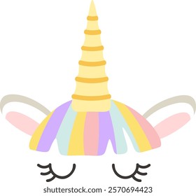 Adorable unicorn face featuring closed eyes, a shimmering golden horn, and a vibrant, colorful mane exuding joy and magic, ideal for children s designs and whimsical illustrations