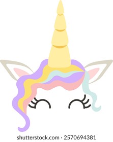 Adorable unicorn face featuring a golden horn, pastel colored mane, closed eyes with long eyelashes, and pointed ears, creating a whimsical and charming design