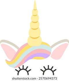 Adorable unicorn face featuring a rainbow colored mane, a prominent golden horn, pink ears, and expressive eyes with long eyelashes, creating a whimsical and charming design