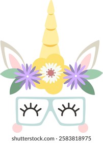 Adorable unicorn face featuring a yellow horn, a crown of purple and yellow flowers, and stylish glasses with closed eyes, creating a whimsical and charming design