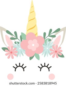 Adorable unicorn face with a golden horn, pink cheeks, closed eyes adorned with long eyelashes, and a crown of pastel flowers, creating a sweet, magical design