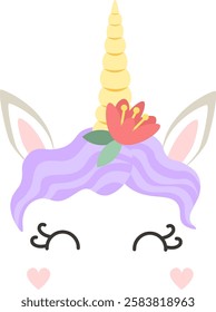 Adorable unicorn face with purple hair, a golden horn, and a flower crown, smiling with closed eyes and hearts, creating a sweet and magical design