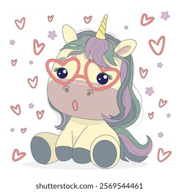 Adorable unicorn in glasses in the form of hearts vector illustration. Design for printing on a t-shirt, poster, banner. Beautiful print for a t-shirt, shopper, notebooks, covers, posters and cards