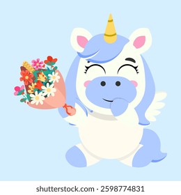 Adorable unicorn holding a bouquet of flowers with a happy smile. Perfect for greeting cards, birthday designs, nursery decor, invitations, and festive celebrations. Whimsical and charming