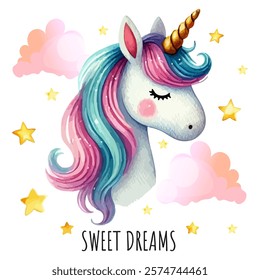 Adorable unicorn illustration with a rainbow mane, closed eyes, and a golden horn with stars and soft clouds on the background. Watercolor art drawing by hand for children's designs, greeting cards