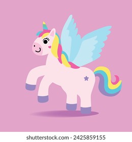 Adorable Unicornio ilustración.Lindo pequeño bebé Unicornio con el pelo del arco iris y las alas blancas.