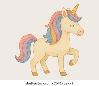 Adorable unicorn with a pastel rainbow mane and golden horn, perfect for children's decor, invitations, and whimsical designs. Soft hues and dreamy charm add a touch of magic and fantasy.