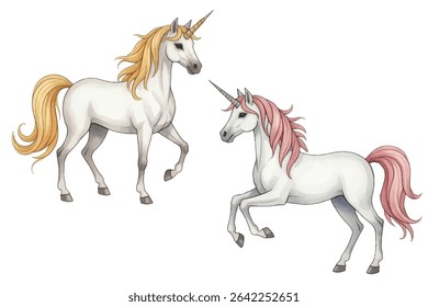 Unicórnio adorável com uma juba de arco-íris pastel e chifre dourado, perfeito para decoração infantil, convites e desenhos caprichosos. Matizes suaves e charme sonhador adicionam um toque de magia e fantasia.
