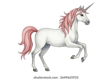 Unicórnio adorável com uma juba de arco-íris pastel e chifre dourado, perfeito para decoração infantil, convites e desenhos caprichosos. Matizes suaves e charme sonhador adicionam um toque de magia e fantasia.
