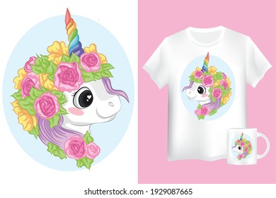 Adorable unicorn with pink and yellow flower. Mock up shirt and mug with unicorn cartoon character.