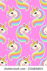 Adorable unicorn with rainbow mane on pink background. Vector seamless pattern