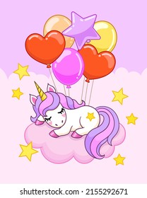 Adorable unicorn sleeping on cloud with colorful balloons. Vector illustration