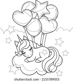 Adorable unicorn sleeping on cloud with balloons. Vector outline isolated