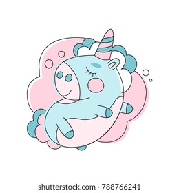 Adorable unicorn sleeping on cloud. Line icon with pink and blue fill. Funny mythical animal. Cartoon flat vector design for sticker, print, greeting card