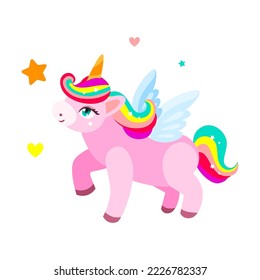 Adorable unicorn stands and looks at stars and hearts, cartoon character vector illustration. Drawing of magical horse with rainbow hair isolated on white background