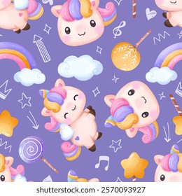 Adorable unicorn themed seamless pattern for fabric, wallpaper and many more